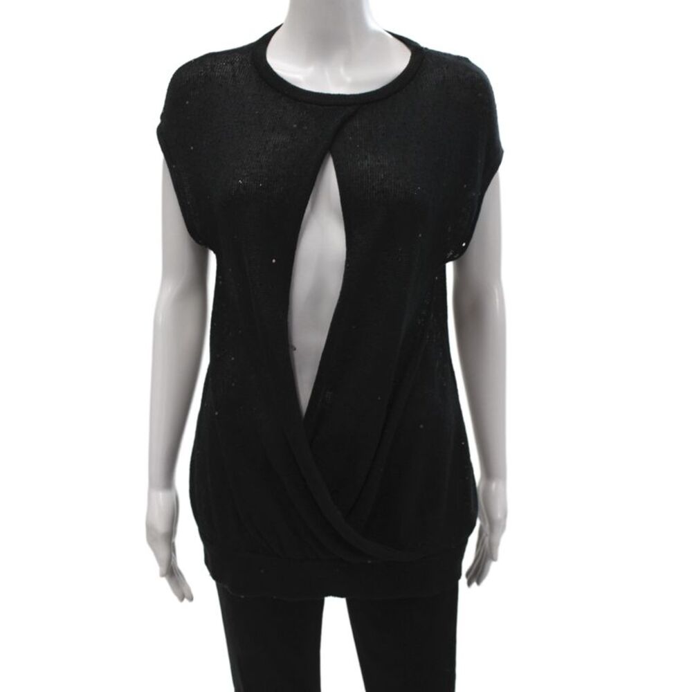 Brunello Cucinelli Women Tunic Blouse Black Linen Sequin Cap Sleeve Crew Size M